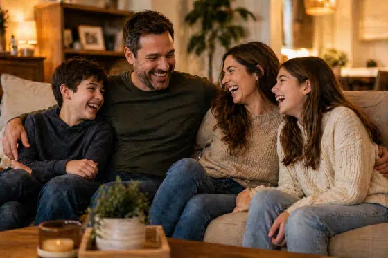 the mystery of missing socks - A warm, candid family moment in a living room, people laughing together, relaxed and natural