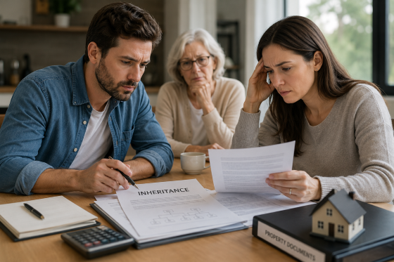Adult-siblings-sitting-across-from-each-other-at-a-kitchen-or-conference-table-reviewing-inheritance-paperwork-while-an-elderly-parent-looks-concerned-in-the-background