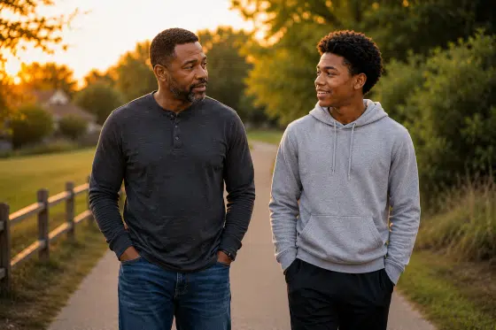 Helping a lonely teen - An African American stepdad and teenage child walking together on a neighborhood trail at sunset, talking casually.