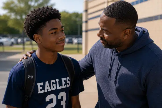 Helping a lonely teen - An African American stepdad giving encouragement to a teenage child after a school or sports activity. The teen is smiling slightly while receiving positive feedback.