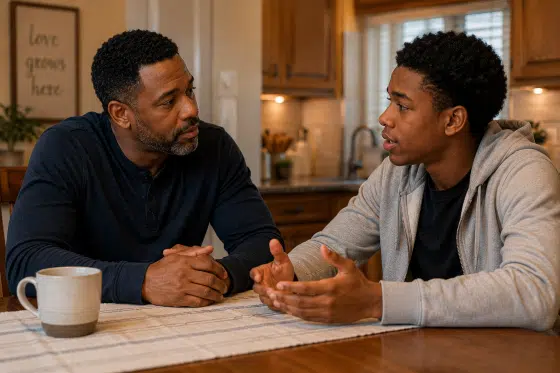 Helping a lonely teen - An-African-American-stepdad-sitting-across-from-a-teenage-son-at-a-kitchen-table-listening-attentively-while-the-teen-talks