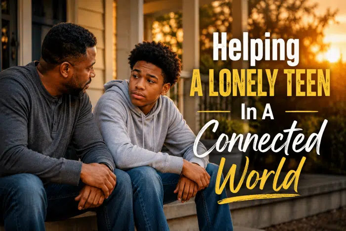 Helping a lonely teen -An-African-American-stepdad-sitting-beside-a-teenage-son-or-daughter-on-a-front-porch-at-sunset -