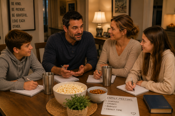 Blended family gathered around a dining table during a relaxed family meeting with notebooks, snacks, and calm discussion, warm inviting atmosphere.