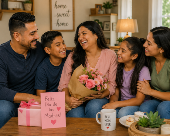 Blended family laughing together after successful Mother’s Day gathering, relaxed atmosphere, warm lighting, realistic style