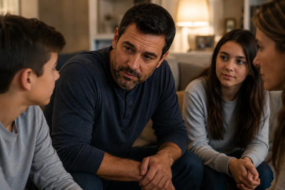 Close-up of a stepdad lowering his voice and listening attentively during a family discussion while others remain calm,