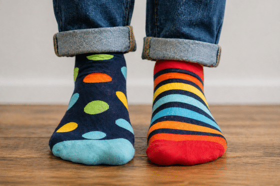 the mystery of missing socks - Close-up-of-feet-wearing-brightly-colored-mismatched-socks