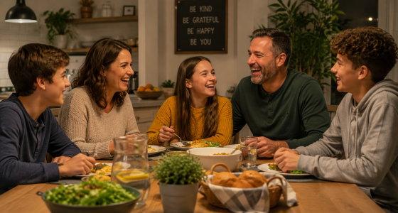 Finding authentic relationships in families -Family laughing together during dinner with no phones visible.