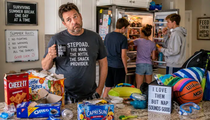 Funny-summer-break-humor-for-stepdads-navigating-snacks-road-trips-bored-kids-and-blended-family-chaos