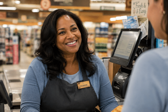 Complimenting stepchildren - Grocery store cashier wearing her hair down smiling warmly after receiving a sincere compliment from a customer