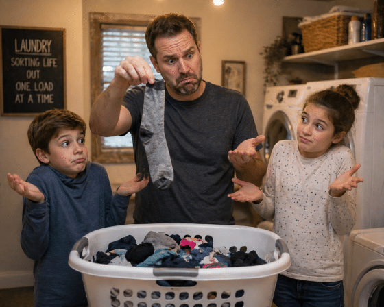 the mystery of missing socks - Parent holding up a sock while kids shrug or look confused, casual home setting