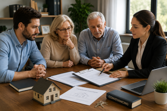 Professional-conveyancer-or-legal-advisor-calmly-explaining-property-documents-to-a-family-while-pointing-to-paperwork-and-ownership-forms
