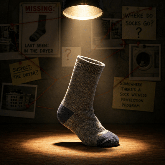 the mystery of missing socks - Single-sock-isolated-under-spotlight-representing-humorous-sock-disappearance-theory