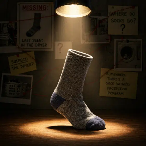 the mystery of missing socks - Single-sock-isolated-under-spotlight-representing-humorous-sock-disappearance-theory