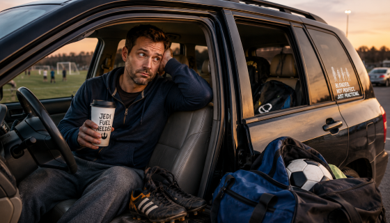 Star Wars and stepdad humor - A tired but good-hearted stepdad sitting in the driver’s seat of a parked family SUV outside a soccer field at dusk, holding a coffee cup, with sports bags and cleats scattered around the car.