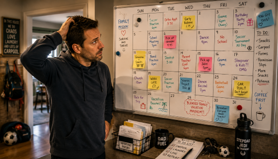 Star Wars and stepdad humor - A confused stepdad staring at a kitchen calendar completely covered in family activities, school events, pickup schedules, sticky notes, and sleepover reminders.