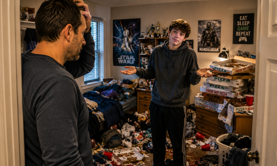 Star Wars and stepdad humor - A teenage stepchild shrugging while standing beside a bedroom overflowing with pizza boxes, laundry, and clutter while the stepdad looks stunned in the doorway.
