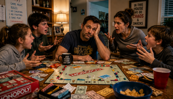 Star Wars stepdad humor - A blended family playing Monopoly in total chaos — one child upset, another accusing cheating, Mom frustrated, and the stepdad staring blankly into space like he’s questioning life choices.