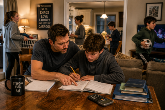 Star Wars stepdad humor - stepdad helping stepson with homework with the rest of the family in the background.