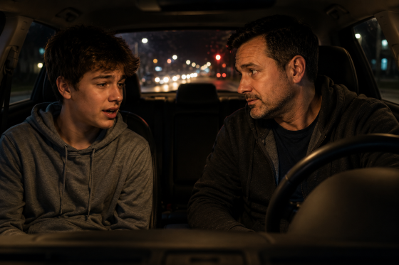 Teen stepchild opening up emotionally while stepdad listens carefully from the driver’s seat.