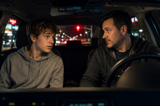 Stepdad and teen stepchild talking quietly in the car at night while stopped at a red light. Dashboard lights softly illuminate the scene with a calm emotional tone.