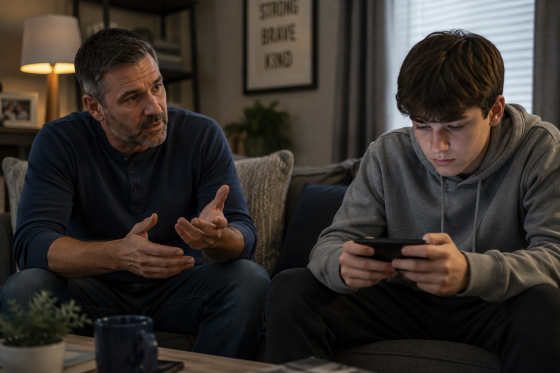 Finding authentic relationships in families - Stepdad-attempting-to-talk-with-a-withdrawn-teen-stepchild-who-remains-focused-on-a-phone-or-gaming-device