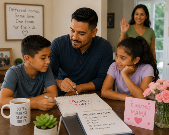 Stepdad calmly helping kids organize Mother’s Day plans while maintaining respectful co-parenting boundaries, realistic style