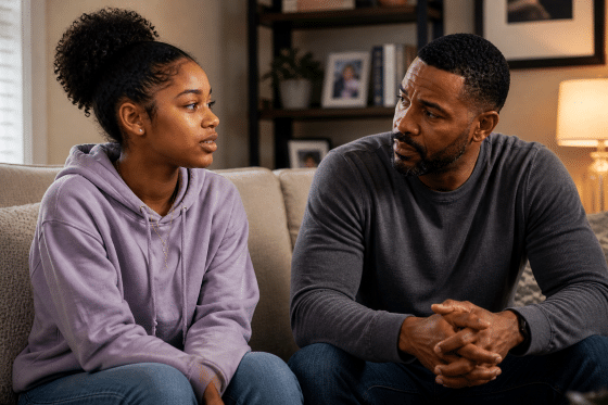 How to Connect With A Teen Stepdaughter - Stepdad listening with empathy creating emotional safety for teen stepdaughter