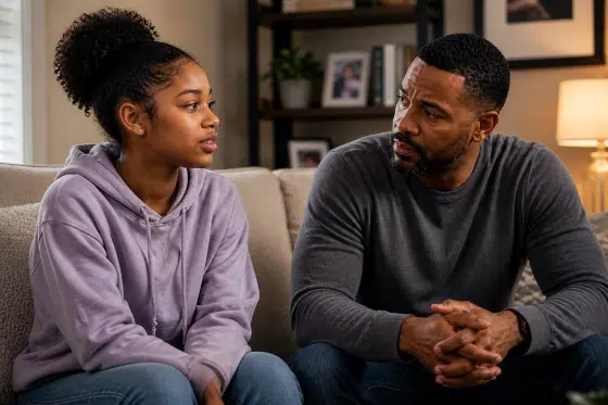 How to Connect With A Teen Stepdaughter - Stepdad listening with empathy creating emotional safety for teen stepdaughter
