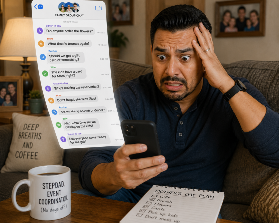 Man looking overwhelmed while staring at nonstop family group text messages on phone, humorous expression, cozy home setting, realistic style