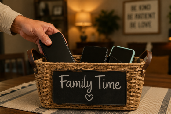 Finding authentic relationships in families - Stepdad-placing-phones-into-a-basket-labeled-Family-Time