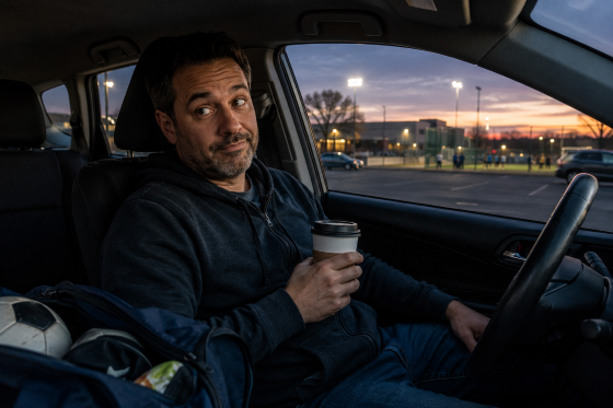Stepdad sitting alone in a parked car at dusk holding coffee while waiting outside soccer or basketball practice, tired but amused expression, realistic style.
