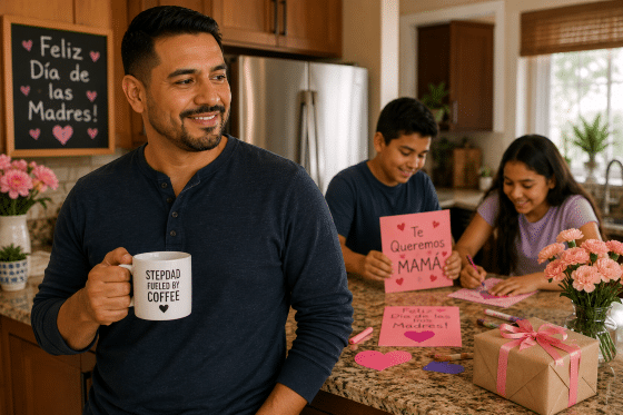 Stepdad standing in kitchen holding coffee while kids prepare Mother’s Day surprises in the background
