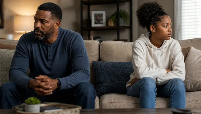 How to Connect With A Teen Stepdaughter -Stepdad and teen stepdaughter in the same space, slightly apart, both calm but not engaging.