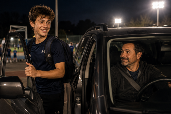 Older teen smiling while getting out of the car after practice as stepdad watches proudly from the driver’s seat.