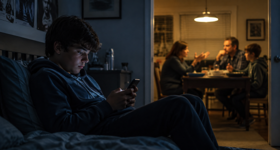 Finding Authentic Relationships In Families - Teenager sitting alone in a dark bedroom scrolling endlessly on a phone while ignoring family interaction outside the room.