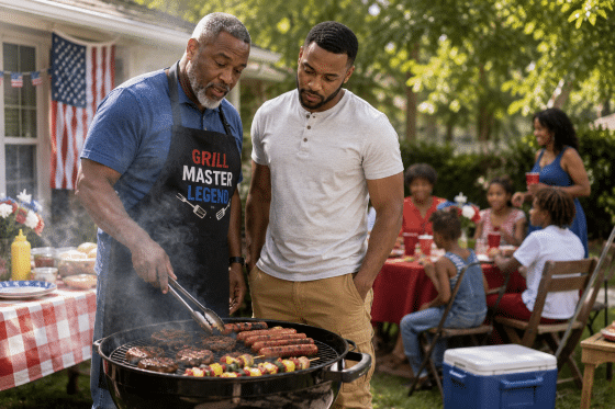 BBQ Humor & Fun Facts - A African American father-in-law and son-in-law standing together beside a charcoal grill during a Fourth of July cookout.