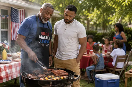 BBQ Humor & Fun Facts - A African American father-in-law and son-in-law standing together beside a charcoal grill during a Fourth of July cookout.