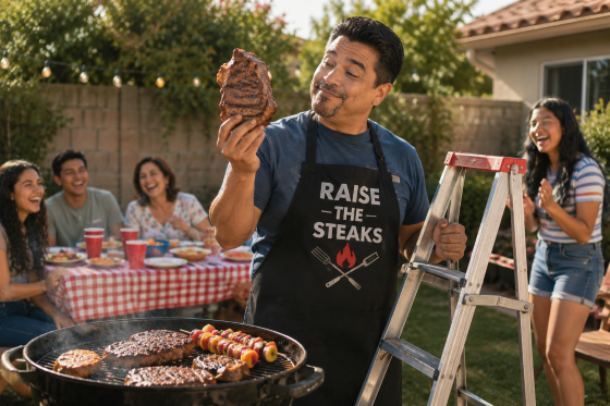 BBQ Humor & Fun Facts - A-Hispanic-dad-standing-beside-a-grill-while-holding-a-small-ladder-and-looking-proudly-at-a-steak