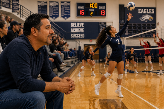 A-Hispanic-father-sitting-in-the-bleachers-at-a-high-school-volleyball game-proudly-watching-his-teenage-daughter-compete