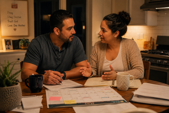 How to be a good stepdad - A Hispanic married couple sitting at a kitchen table after the children have gone to bed, discussing family matters together