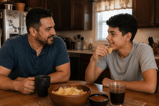 How to be a good stepdad - A Hispanic stepdad and teenage stepchild sitting together at a kitchen table talking casually while sharing a snack.