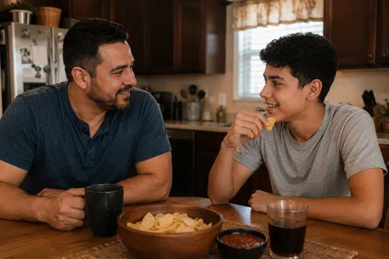 How to be a good stepdad - A Hispanic stepdad and teenage stepchild sitting together at a kitchen table talking casually while sharing a snack.
