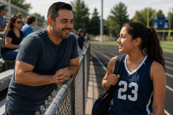 How to be a good stepdad - A-Hispanic-stepdad-attending-a-teenage-stepdaughter-track-meet-or-sporting-event-smiling-proudly-from-the-sidelines-while-the-teenager-notices-his-support.