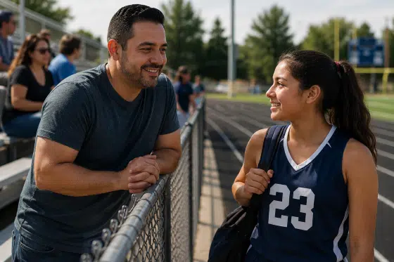 How to be a good stepdad - A-Hispanic-stepdad-attending-a-teenage-stepdaughter-track-meet-or-sporting-event-smiling-proudly-from-the-sidelines-while-the-teenager-notices-his-support.