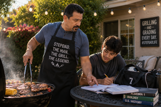 BBQ Humor & Fun Facts - A Hispanic stepdad checking a grill while simultaneously helping a teenager with a sports bag or homework nearby