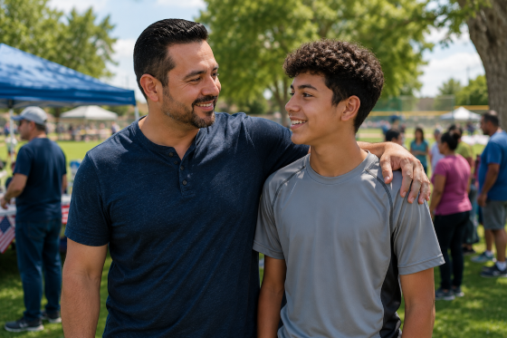How to be a good stepdad - A Hispanic stepdad standing beside a teenage stepson at a community event or park. Both are smiling comfortably.