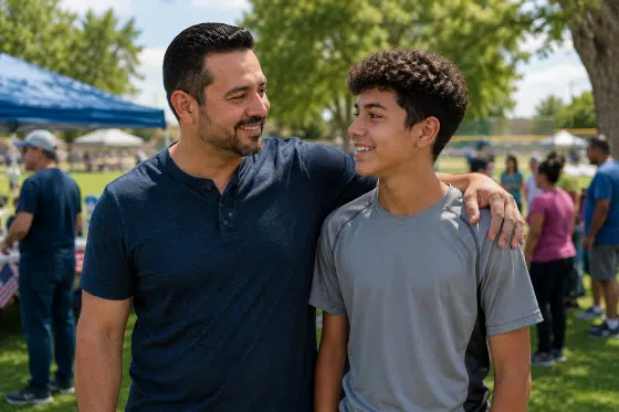 How to be a good stepdad - A Hispanic stepdad standing beside a teenage stepson at a community event or park. Both are smiling comfortably.
