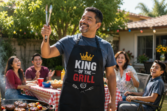BBQ Humor & Fun Facts - A Hispanic stepdad wearing a humorous "King of the Grill" apron while holding barbecue tongs like a trophy.