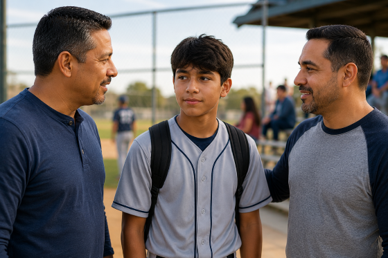 Understanding stepchildren - A-Hispanic-teenage-boy-standing-between-his-biological-father-and-stepfather-at-a-youth-sporting-event