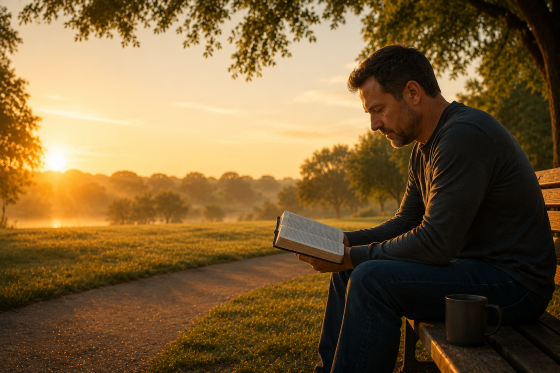 blended family challenges - A White stepfather sitting quietly on a wooden bench at sunrise reading his Bible